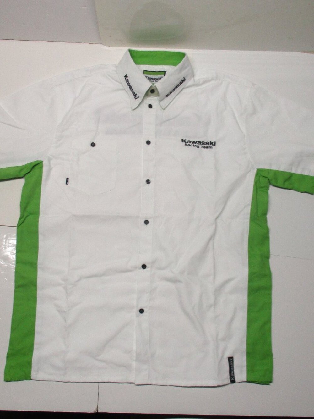 Men’s KAWASAKI Race Team Shirt White & Green Short Sleeve Button Down Size L